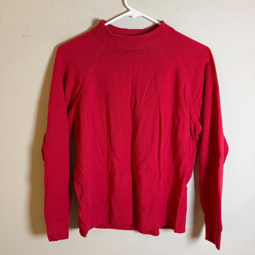 Vintage Straven Red 100% Merino Wool Mock‎ Neck Raglan Sweater Made in UK